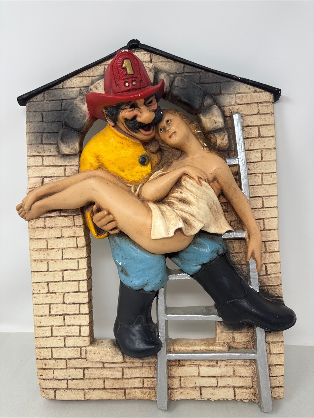 VINTAGE 80S UNIVERSAL STATUARY FIREMAN NUDE LADY WOMAN RISQUE 3D WALL HANGING